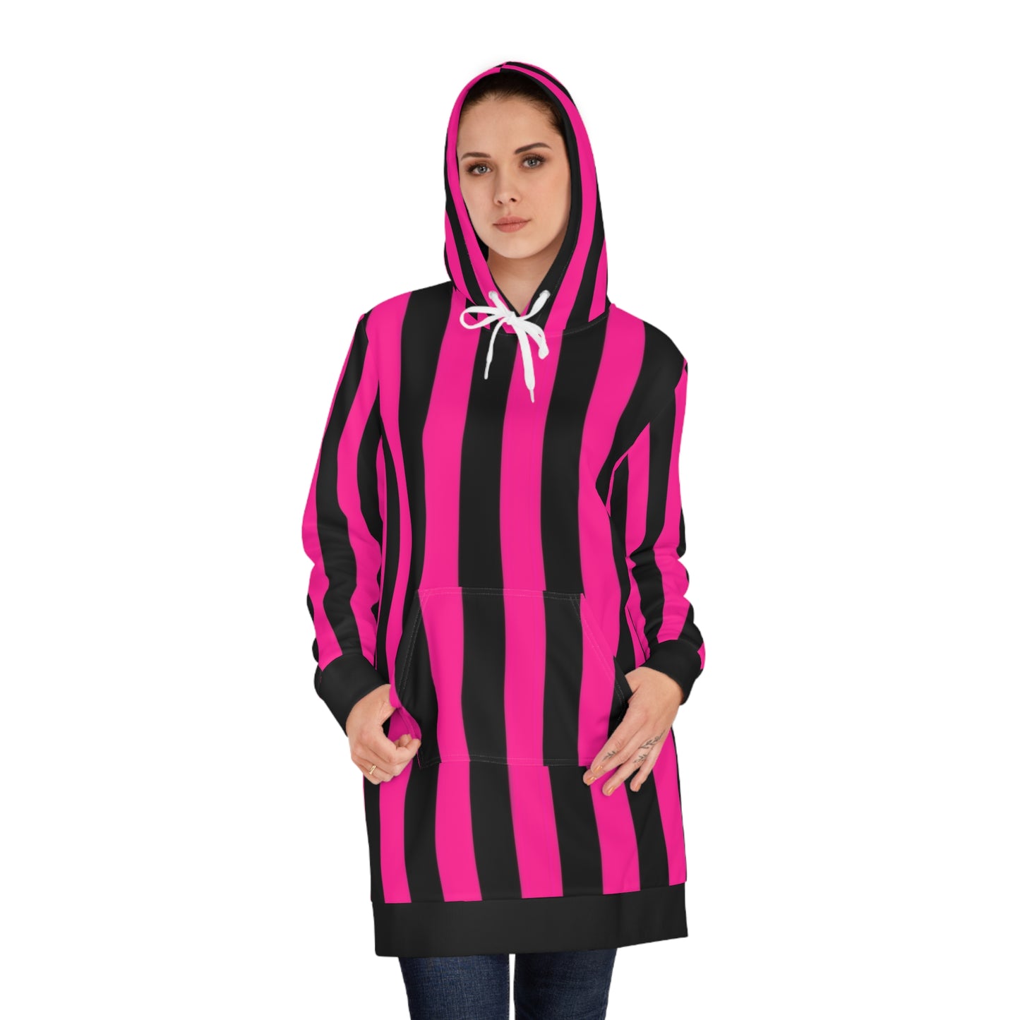 Women's Hoodie Dress (Pink and Black stripes))